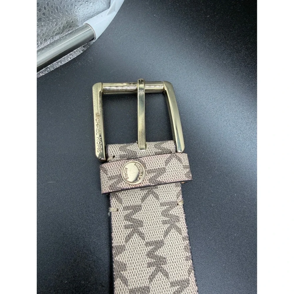 Michael Kors Mens Monogram Logo Belt Beige Brown Gold‎ Buckle 556023 Size M